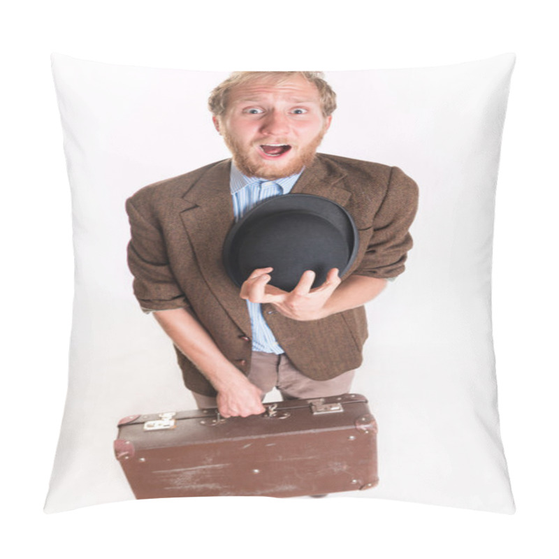 Personality  Lost Terrified Traveler Man With A Old Suitcase Pillow Covers