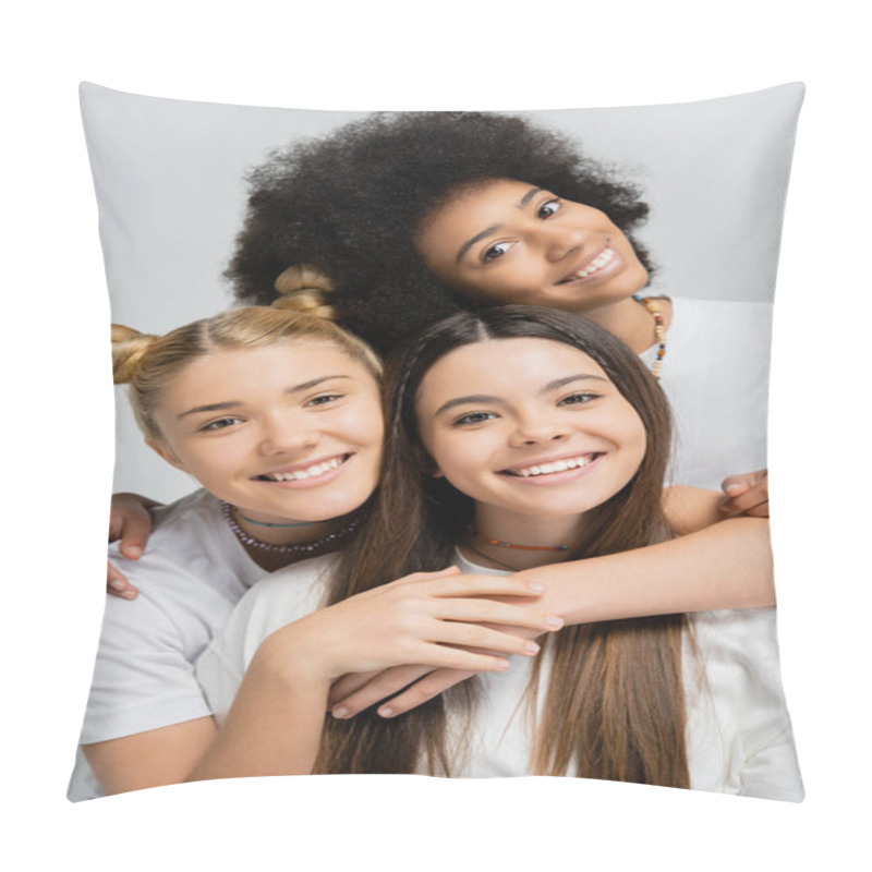 Personality  Portrait Of Smiling Multiethnic Teen Friends Hugging Brunette Girlfriend In White T-shirt And Looking At Camera Together Isolated On Grey, Energetic Teenage Friends Spending Time Pillow Covers