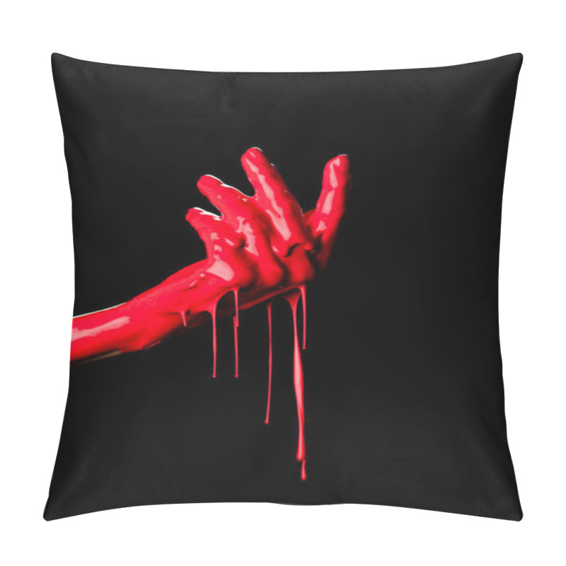 Personality  Partial View Of Painted Hand With Red Dripping Paint Isolated On Black Pillow Covers