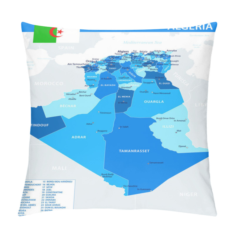 Personality  Algeria Map Vector Blue Spot - Customizable Layered Political Map Of Algeria With Administrative Divisions For Website, Education, Reports, News, Politics, Print, Poster And Wallpaper Pillow Covers