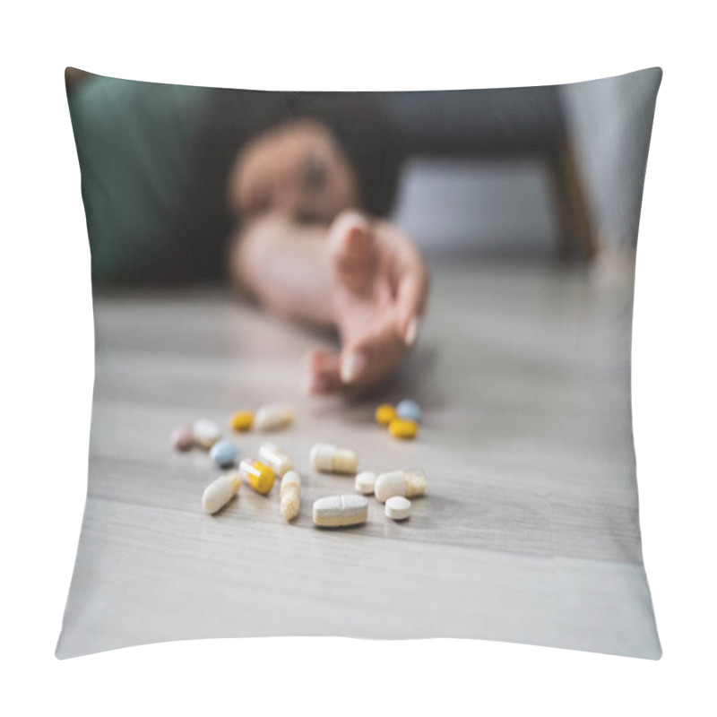 Personality  Drug Addicted Woman Reaching For Medication At Home Pillow Covers