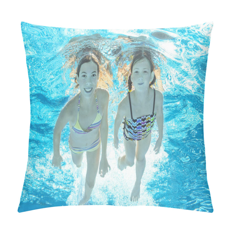 Personality  Children Swim In Pool Underwater, Happy Active Girls Have Fun In Water, Kids Sport On Family Vacation Pillow Covers