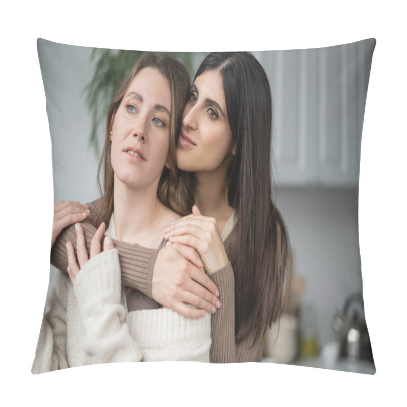 Personality  Lesbian Women In Warm Clothes Hugging And Looking Away In Kitchen  Pillow Covers