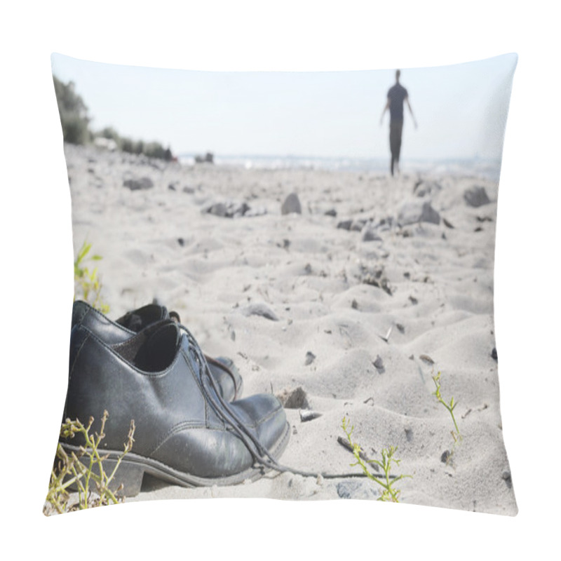 Personality  Business Shoes At The Beach And A Blurred Man Walking Away To Th Pillow Covers