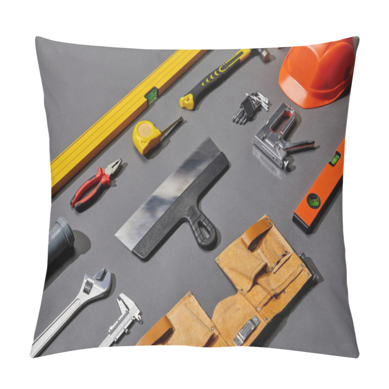 Personality  Flat Lay With Helmet, Tool Belt, And Industrial Tools On Grey Background  Pillow Covers