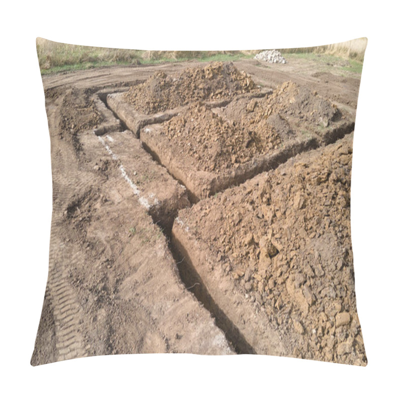 Personality  Dug Out Trench For Building Works Of New House Concrete Foundation On Construction Site. Pillow Covers