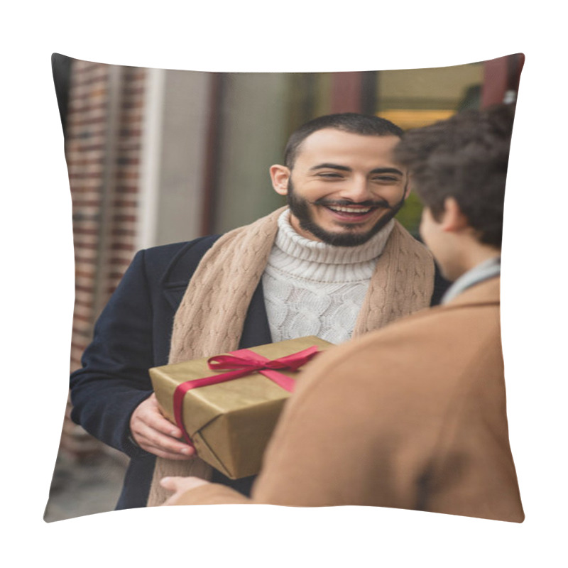 Personality  Cheerful Bearded Gay Man Holding Christmas Present Near Blurred Boyfriend On Street Pillow Covers