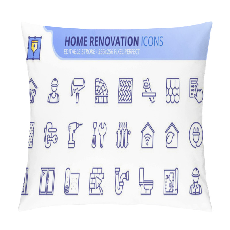 Personality  Outline Icons About Home Renovation. Contains Such Icons As Repair, Tools, Building Materials, Worker, Sanitary, Carpentry, Architecture  And Decor. Editable Stroke Vector 256x256 Pixel Perfect Pillow Covers