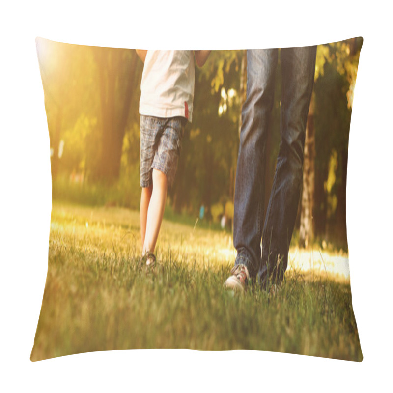 Personality  Father And Son Walking Across The Lawn In The Park Pillow Covers