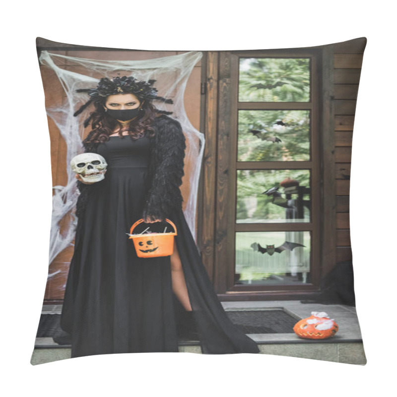 Personality  Woman In Black Halloween Costume Holding Spooky Skull And Bucket With Sweets On House Porch Pillow Covers