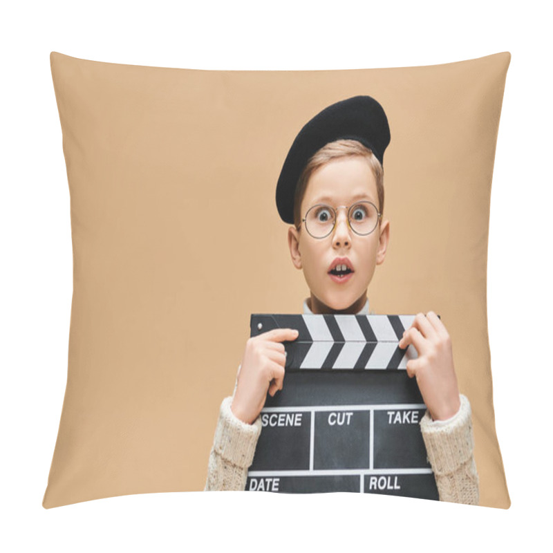 Personality  A Cute Preadolescent Boy, Dressed As A Film Director, Holds A Movie Clapper In Front Of His Face. Pillow Covers