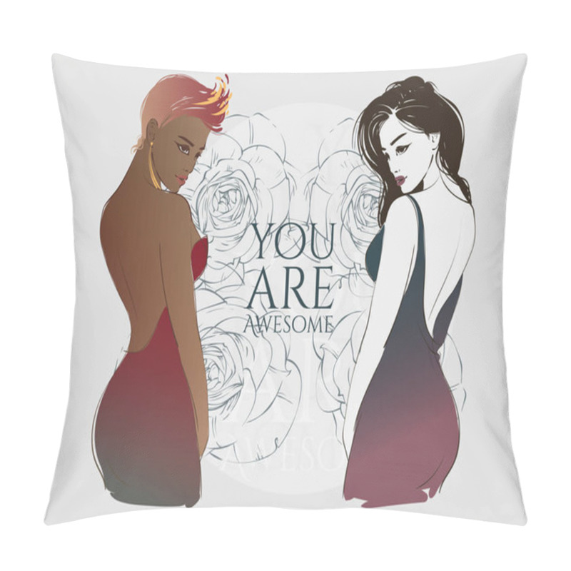 Personality  Beautiful Young Women With Long Hair In A Fashion Evening Dress. Hand Drawn Vector Illustration Pillow Covers