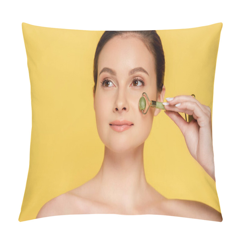 Personality  Beautiful Naked Woman Using Jade Roller On Face Isolated On Yellow Pillow Covers