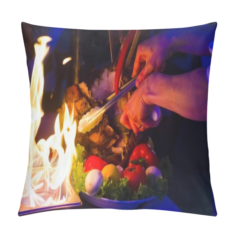 Personality  Chef Cuts Roast Meat With A Knife, Served With Flames Of Fire, Restaurant Food Photo Pillow Covers