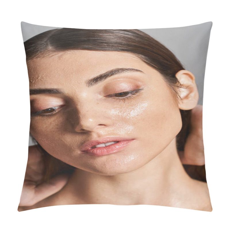 Personality  A Young Caucasian Woman With Brunette Hair Has A Lot Of Water On Her Face, Exuding A Sense Of Serenity And Connection With Nature. Pillow Covers