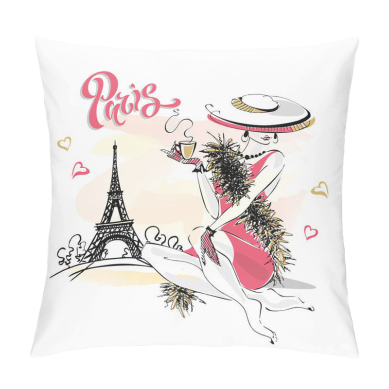 Personality  The Girl In The Hat Drinks Coffee.  Fashion Model In Paris. Eiffel Tower. Romantic Composition. Elegant Model On Vacation. Vector. Pillow Covers