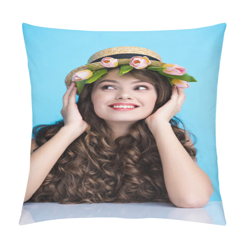 Personality  Happy Young Woman In Boater Hat With Beautiful Tulips Under It Pillow Covers