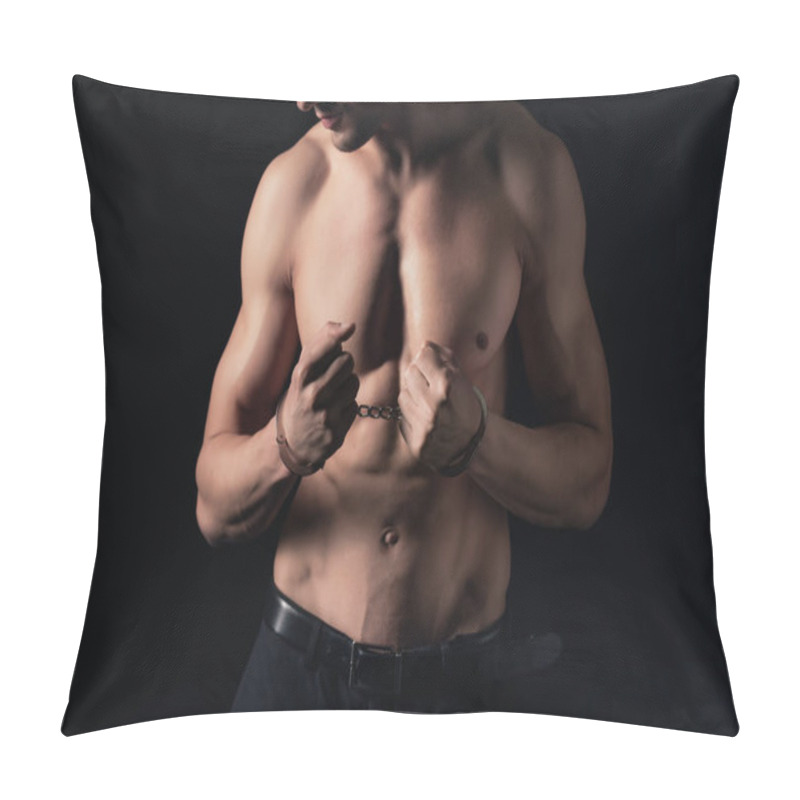 Personality  Cropped View Of Shirtless Man In Handcuffs Isolated On Black Pillow Covers