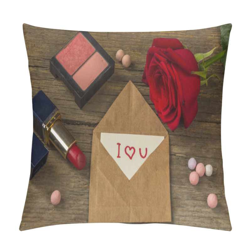 Personality  Postcard With Text I Love You, Red Lipstick, Rouge, Rose Flower  Pillow Covers