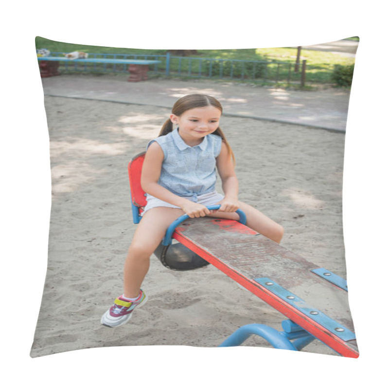 Personality  Smiling Girl In Shorts Riding Seesaw In Summer Park Pillow Covers