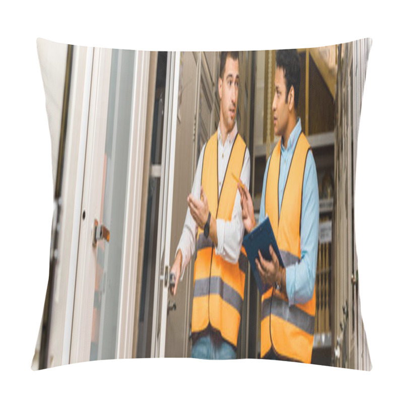 Personality  Panoramic Shot Of Multicultural Storehouse Workers Talking In Doors Department Pillow Covers