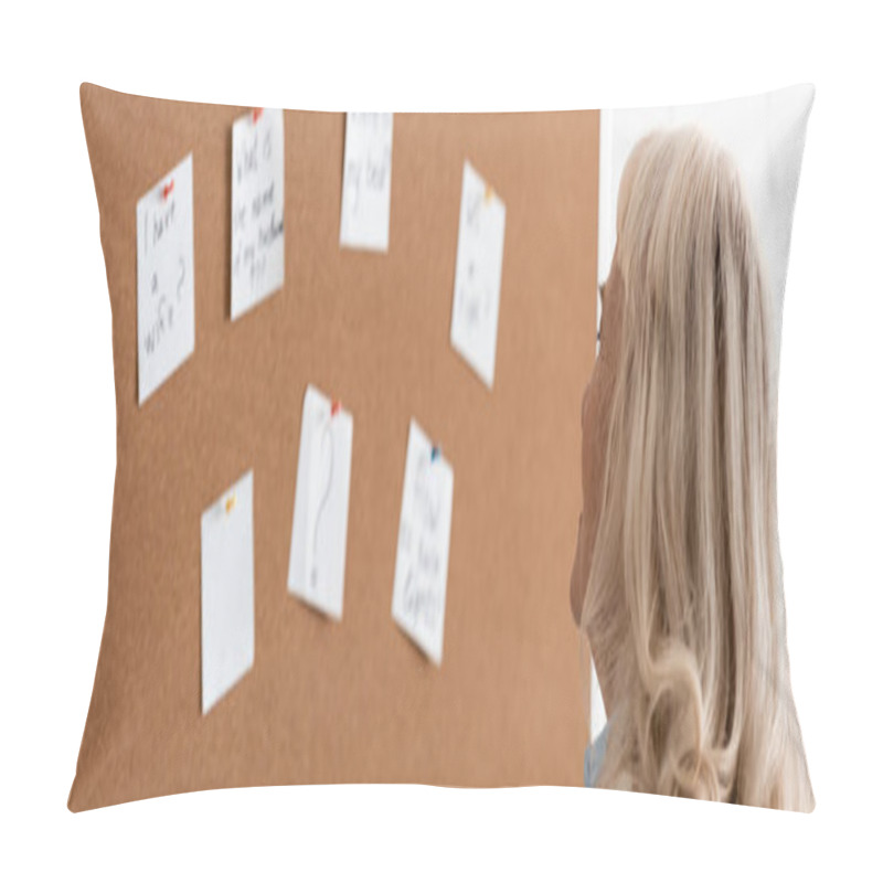 Personality  Panoramic Shot Of Senior Woman With Dyslexia Looking At Board With Papers  Pillow Covers