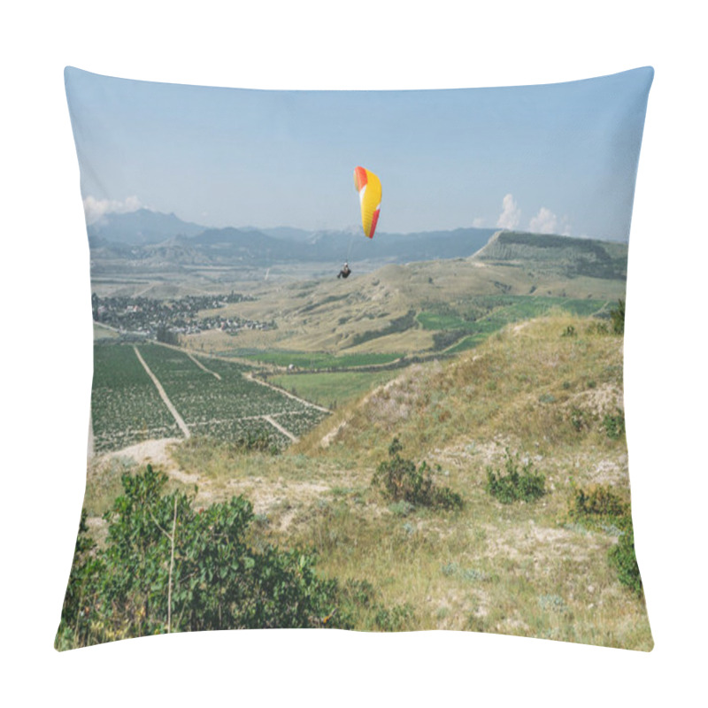 Personality  Parachute In The Sky Over Field In Hillside Area Of Crimea, Ukraine, May 2013 Pillow Covers