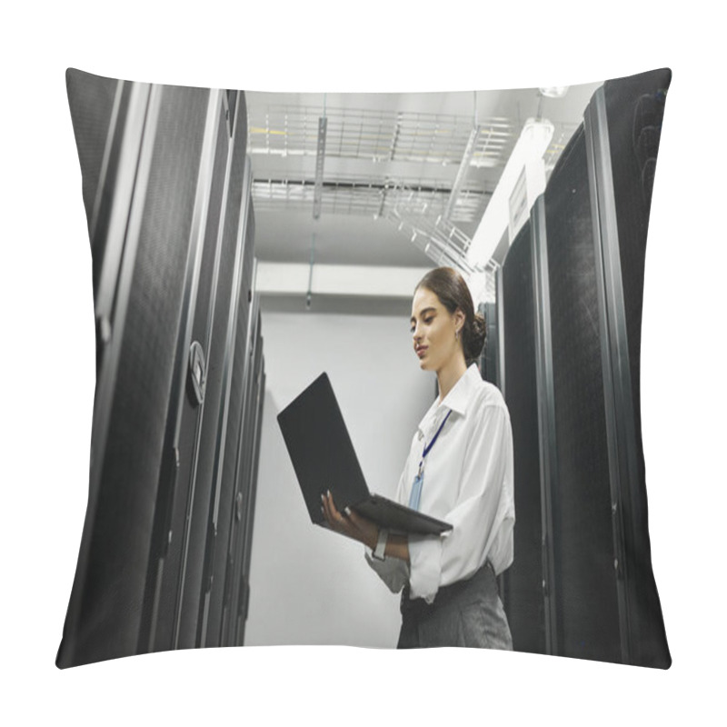 Personality  Woman In A White Shirt Works Diligently In A Modern Server Room, Handling Computer Systems. Pillow Covers