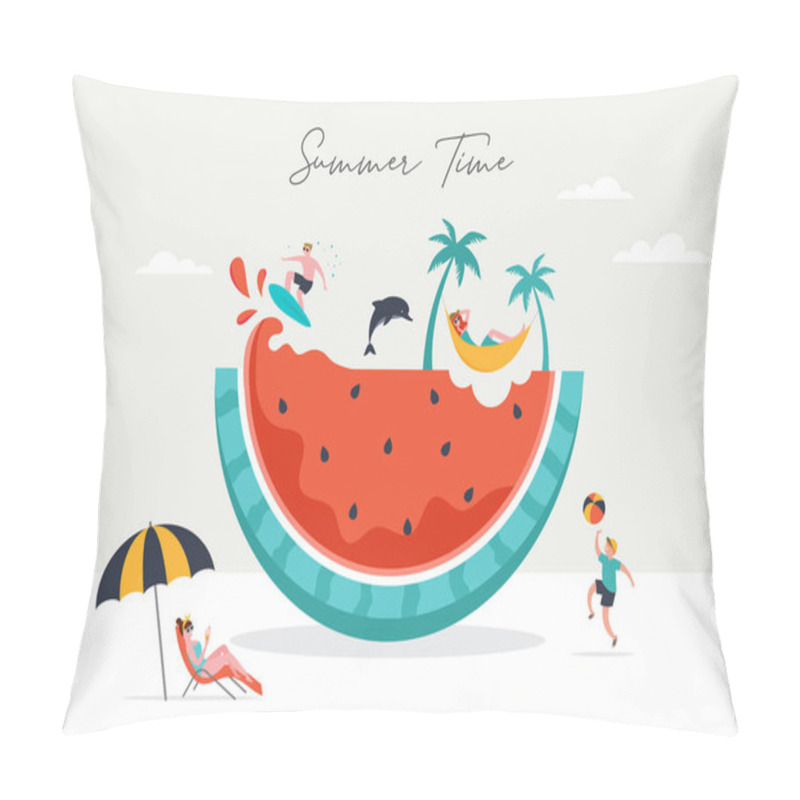 Personality  Summer Scene, Group Of People Having Fun Around A Huge Watermelon, Surfing, Swimming In The Pool, Drinking Cold Beverage, Playing On The Beach Pillow Covers