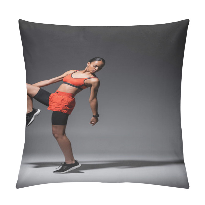 Personality  Full Length Of Sportive And Young African American Woman In Sneakers Exercising On Grey  Pillow Covers