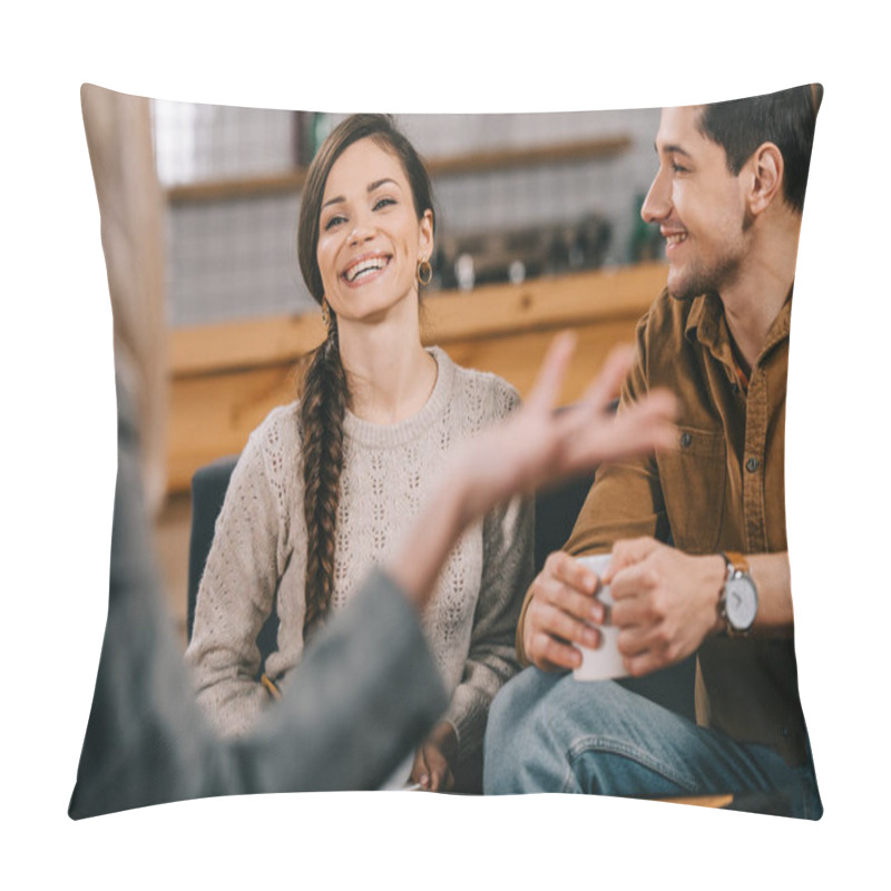 Personality  Selective Focus Of Cheerful Friends Chatting In Cafe Pillow Covers