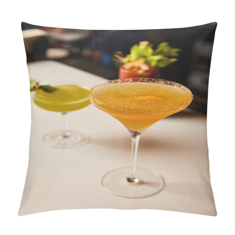 Personality  Selective Focus Of Mixed Cocktails In Glasses On Bar Counter  Pillow Covers