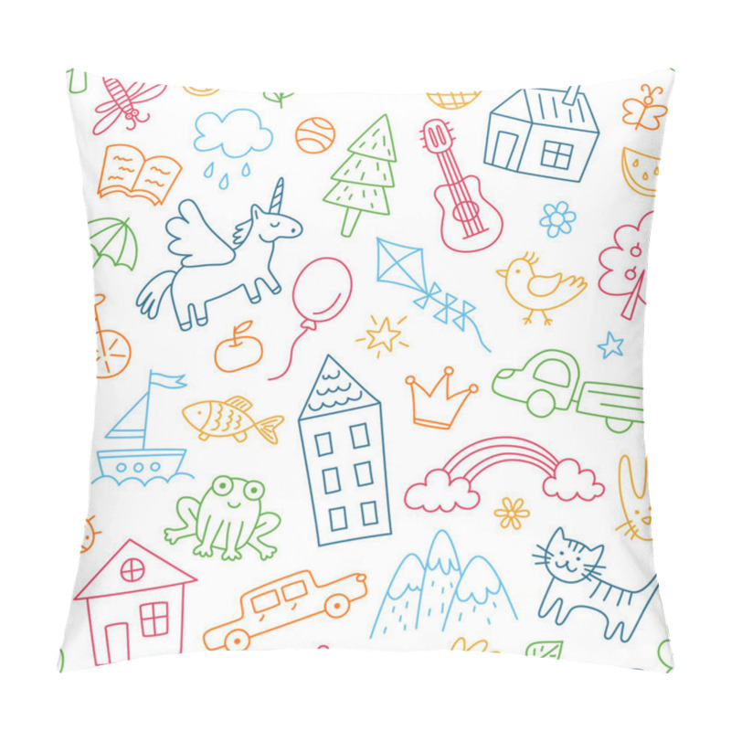 Personality  Children Drawings Seamless Pattern. Kids Doodle Texture. Hand Drawn Cute House, Cat, Frog, Unicorn. Baby Seamless Pattern. Editable Stroke. Vector Illustration On White Background. Pillow Covers