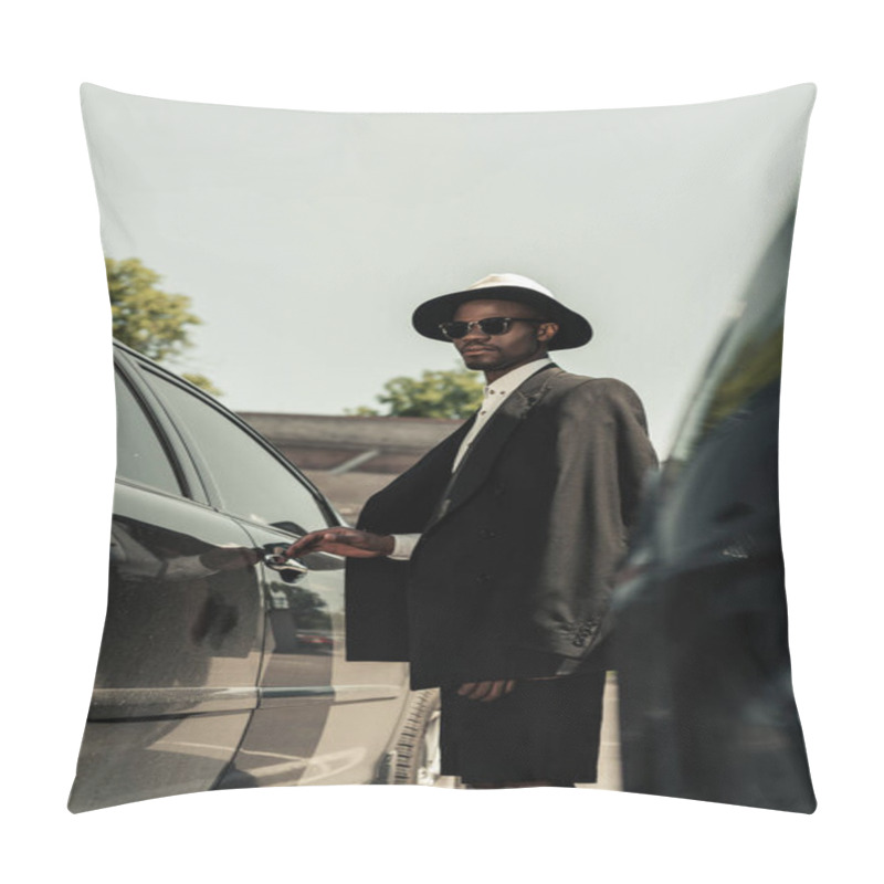 Personality  Fashionable African American Man Wearing Fedora Hat Opening Car Door Pillow Covers