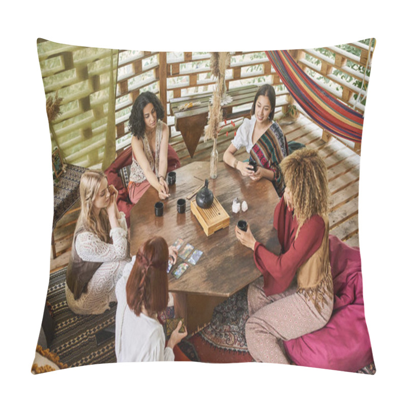 Personality  Multiethnic Boho Style Girlfriends At Wooden Table With Tarot Cards And Tea In Retreat Center Pillow Covers