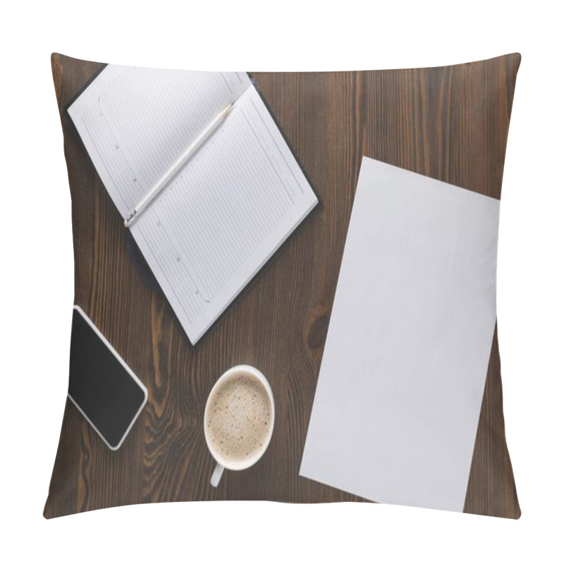 Personality  Flat Lay With Smartphone, Notebook, Pencil And Cup Of Coffee On Wooden Tabletop Pillow Covers