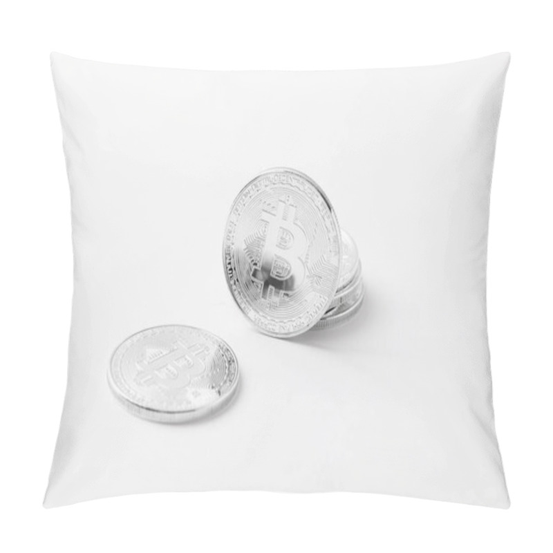 Personality  Close-up Shot Of Silver Bitcoins On White Tabletop Pillow Covers