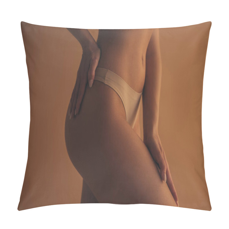 Personality  Cropped View Of Sexy Girl In Panties With Hands On Hip Isolated On Beige  Pillow Covers