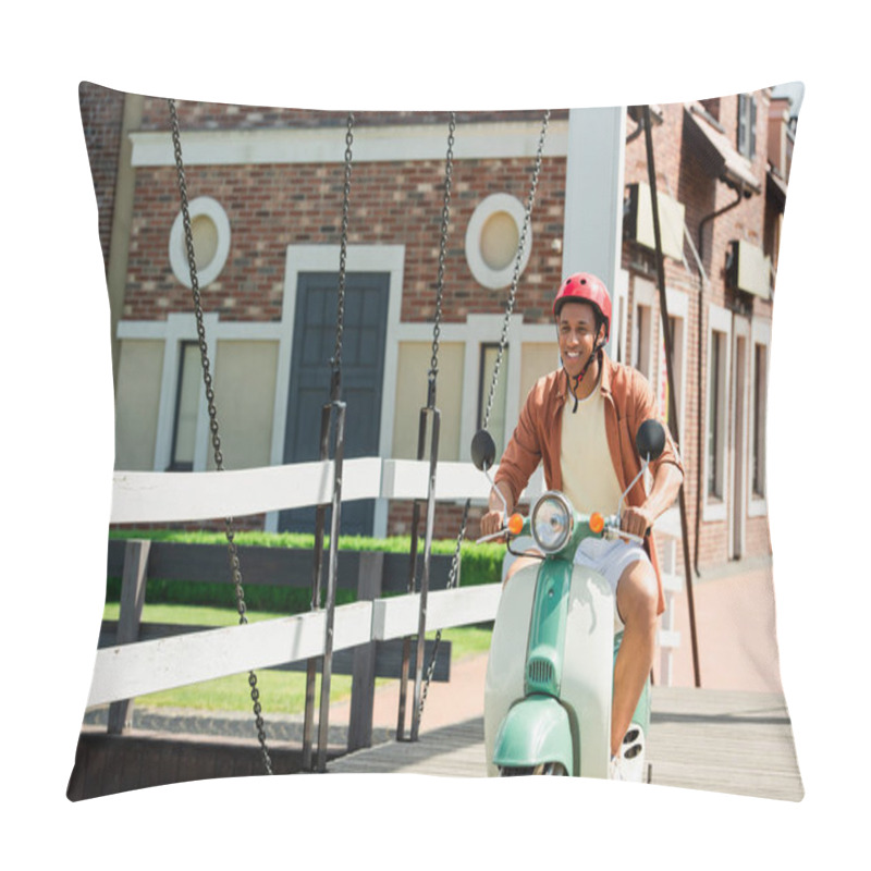 Personality  Happy African American Man In Helmet Riding Scooter On Bridge Pillow Covers