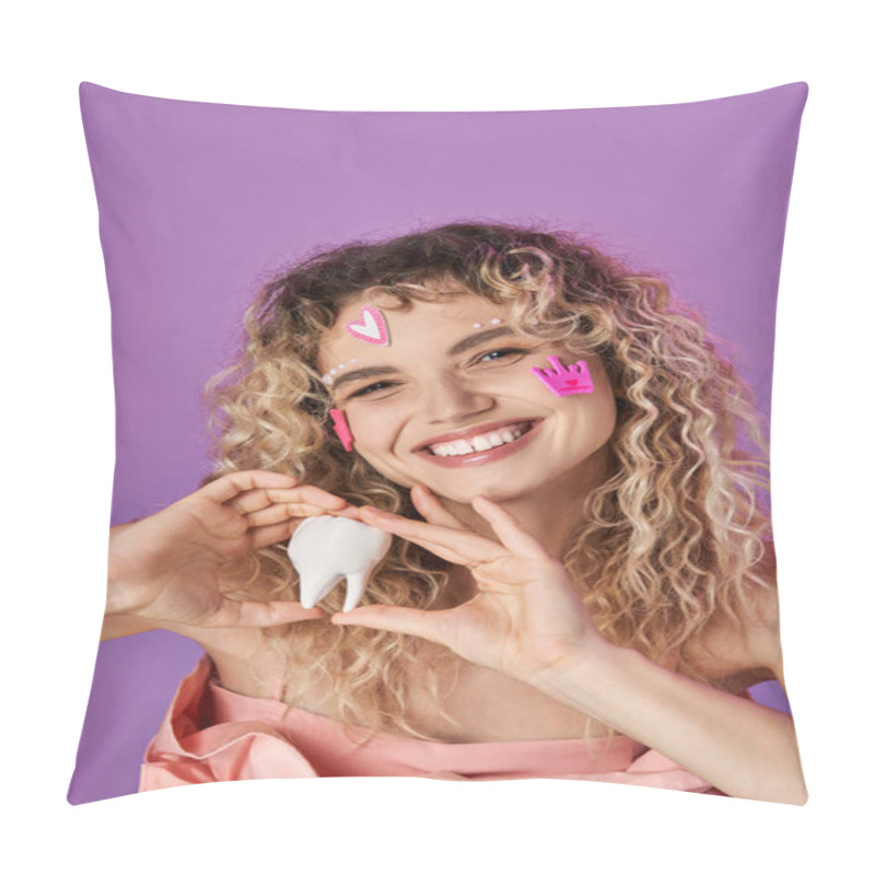 Personality  Cheerful Lovely Woman With Curly Hair And Face Stickers Holding Baby Tooth And Smiling At Camera Pillow Covers