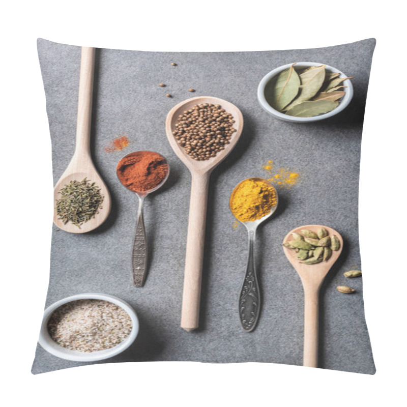 Personality  Top View Of Different Dried Aromatic Spices In Spoons And Bowls On Grey  Background Pillow Covers