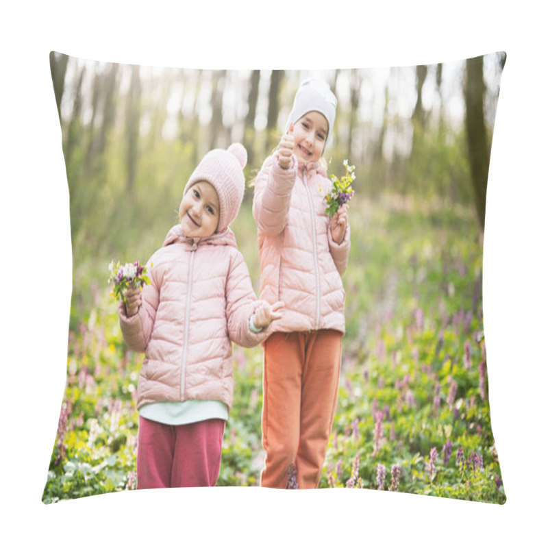 Personality  Portrait Of Two Little Sisters With Bouquet Of Flowers On Sunny Forest. Outdoor Spring Leisure Concept. Pillow Covers