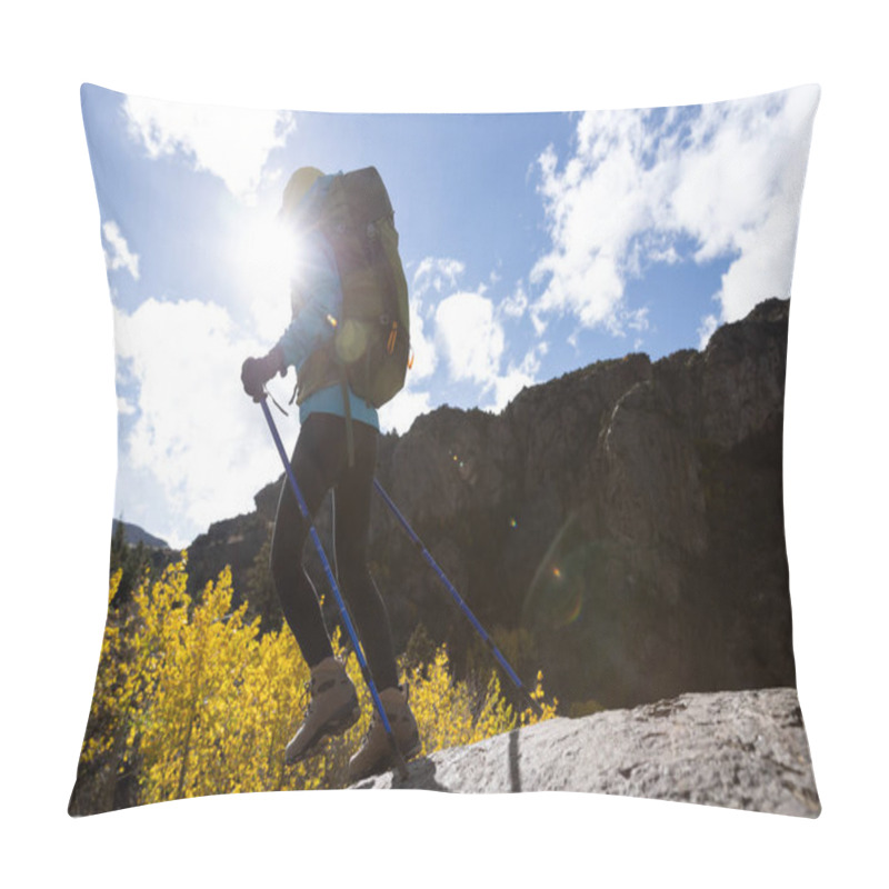 Personality  Woman Backpacker Hiking  In Beautiful Winter Mountains Pillow Covers