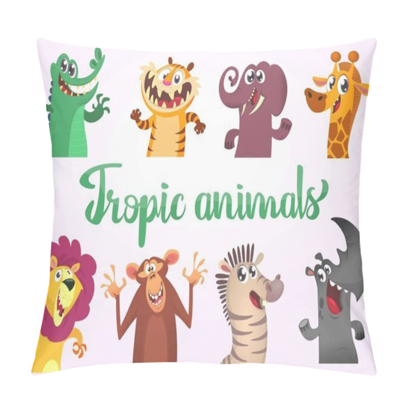 Personality  Cartoon Tropic Wild Animals Set. Vector Illustrations Of African Animals. Crocodile Alligator, Tiger, Elephant, Giraffe, Lion, Monkey Chimpanzee, Zebra And Rhino. Pillow Covers