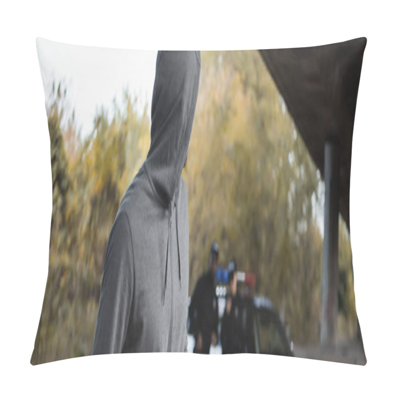 Personality  Hooded Offender Looking Away With Blurred Multicultural Police Officers On Background Outdoors, Banner Pillow Covers