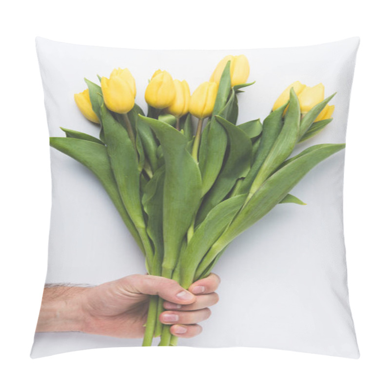 Personality  Cropped Shot Of Person Holding Beautiful Yellow Tulips Isolated On Grey Pillow Covers