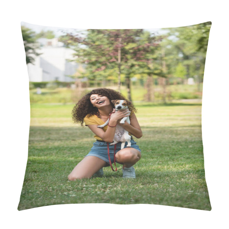 Personality  Selective Focus Of Young Woman Holding Jack Russell Terrier Dog And Laughing Pillow Covers