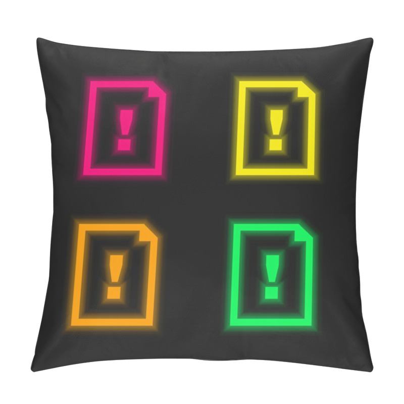 Personality  Argument Document Symbol Of A Paper Sheet With An Exclamation Sign Four Color Glowing Neon Vector Icon Pillow Covers