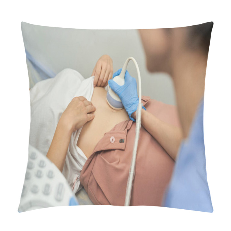 Personality  A Gynecologist Conducts An Ultrasound Exam With A Female Patient In A Bright Clinic Setting. Pillow Covers