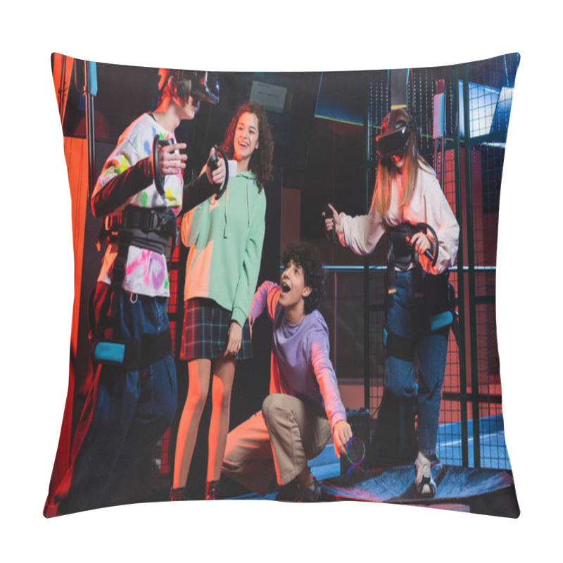 Personality  Excited Multicultural Teenagers Looking At Friends Gaming On Vr Platform Pillow Covers